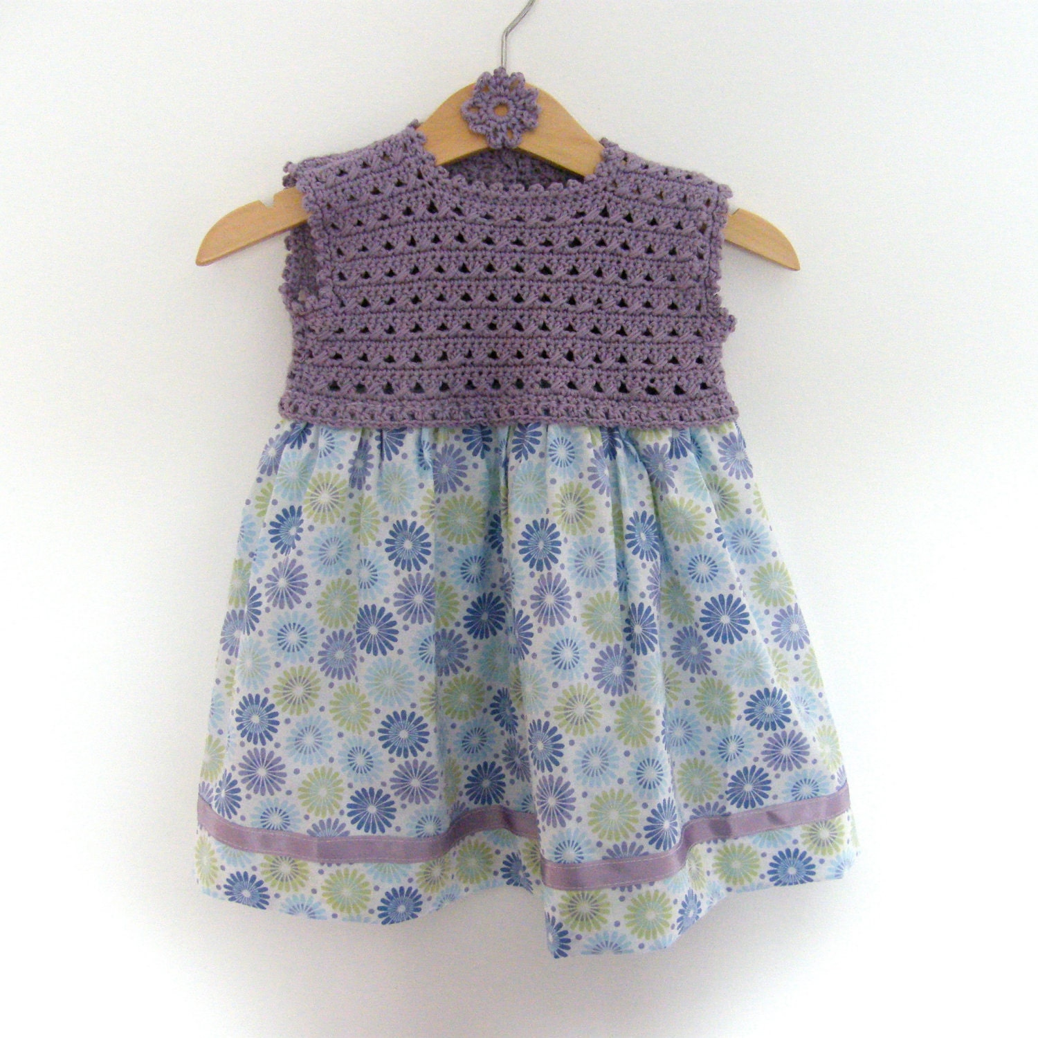 ON SALE Unique vintage style girls dress (3-6 months) - hand crochet and cotton fabric with co-ordinating ribbon