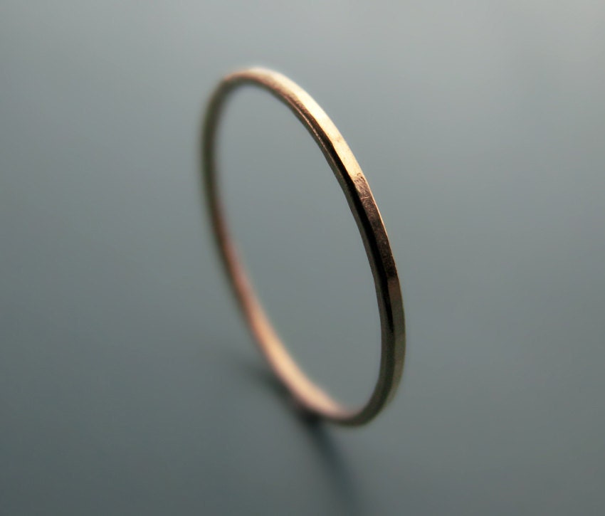Recycled 14k rose gold ring - hammered skinny stacking ring (sizes 7-9.75)