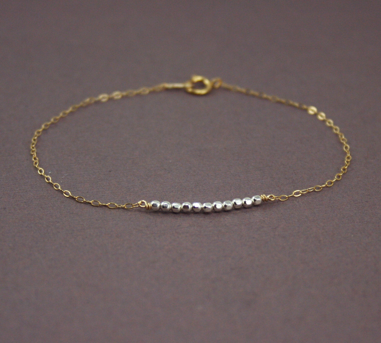 Row of Silver Beads Gold Bracelet, Two Tone Bracelet, Delicate Gold Filled and Sterling Silver Bracelet