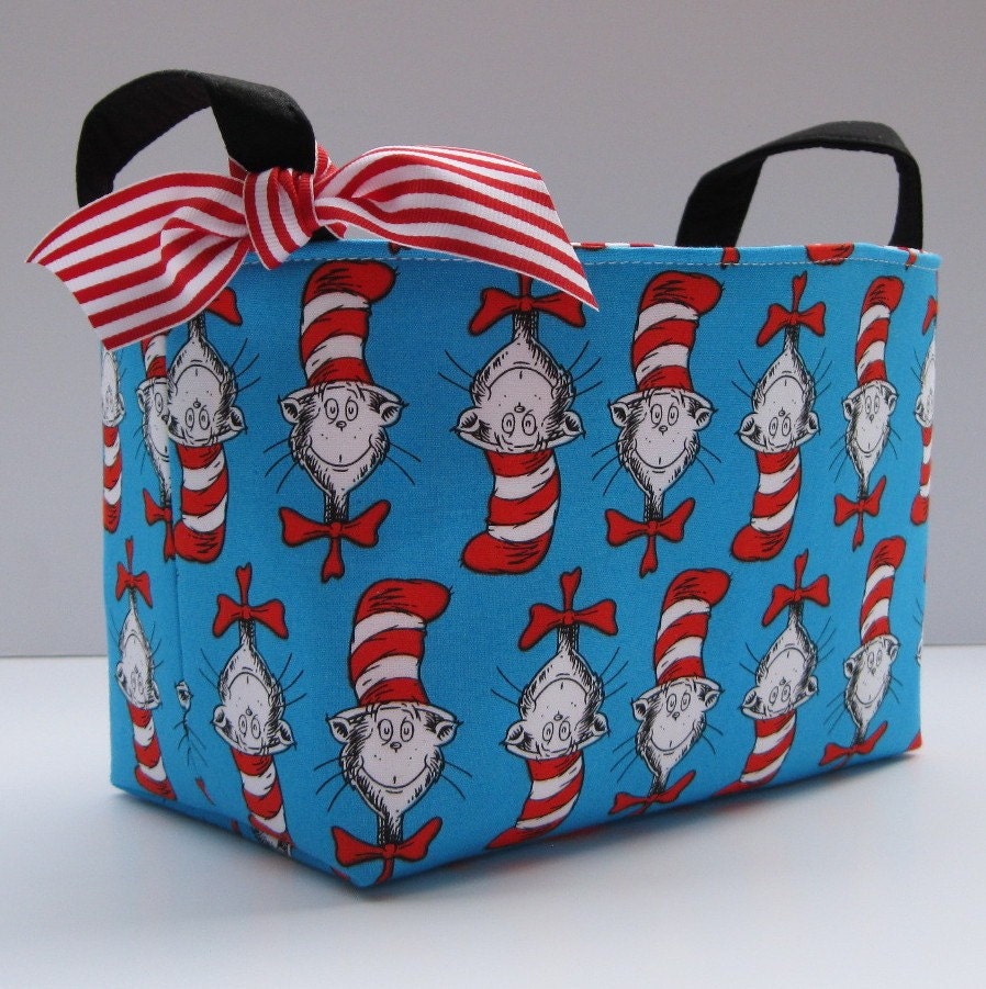 Storage and Organization - Fabric Organizer Container Bin Basket - Made with Dr. Seuss Cat in the Hat Heads Fabric