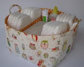 Diaper Caddy - Storage Container Organizer Bin Basket - Cream Spotted Owl Fabric - Dividers with 3 Compartments