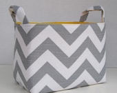 Storage Basket Desk Organizer Container Basket Bin - Gray White Chevron Zigzag Fabric