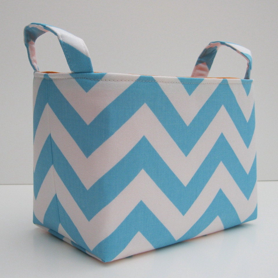 Fabric Desk Organizer Storage Container Basket Bin - Turquoise Blue and White Chevron