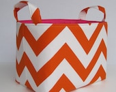 Desk Organizer Storage Organization Container Fabric Basket Bin - Tangerine Orange and White Chevron