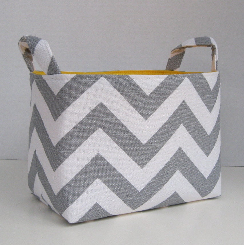 Storage Basket Desk Organizer Container Basket Bin - Gray White Chevron Zigzag Fabric