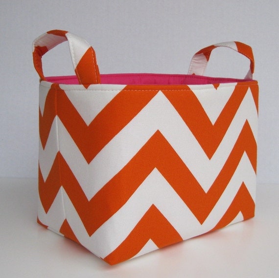 Desk Organizer Storage Organization Container Fabric Basket Bin - Tangerine Orange and White Chevron