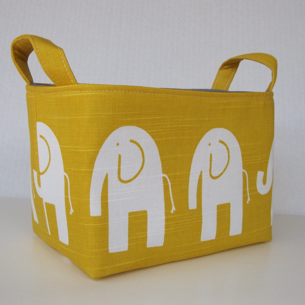 Storage and Organization Fabric Organizer Bin Container Basket - Ele Elephant - White on Yellow