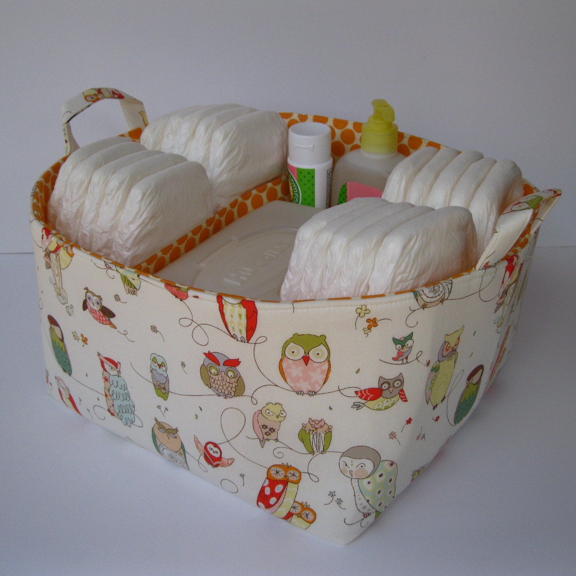 Diaper Caddy - Storage Container Organizer Bin Basket - Cream Spotted Owl Fabric - Dividers with 3 Compartments