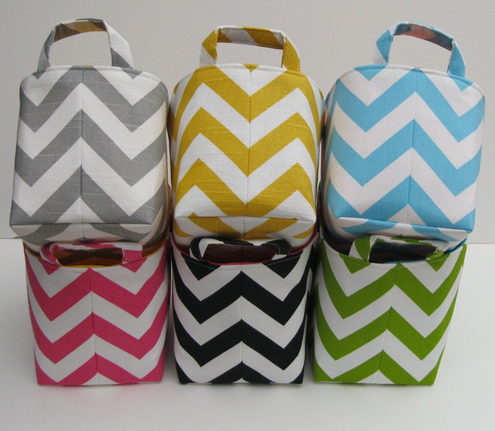 Storage Basket Desk Organizer Container Basket Bin - Gray White Chevron Zigzag Fabric