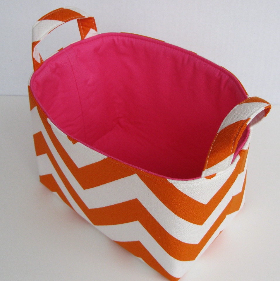 Desk Organizer Storage Organization Container Fabric Basket Bin - Tangerine Orange and White Chevron