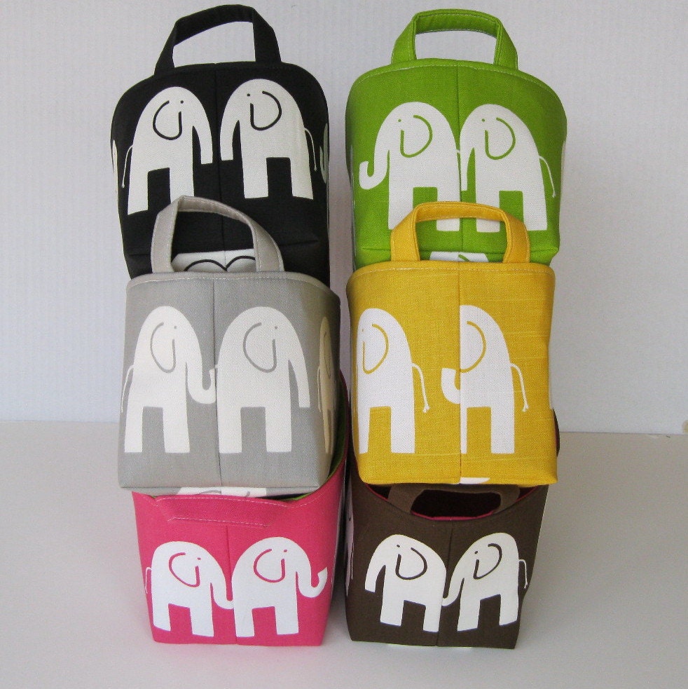 Storage Organization Fabric Organizer Bin Container Basket - Ele Elephant - White on Chartreuse Green