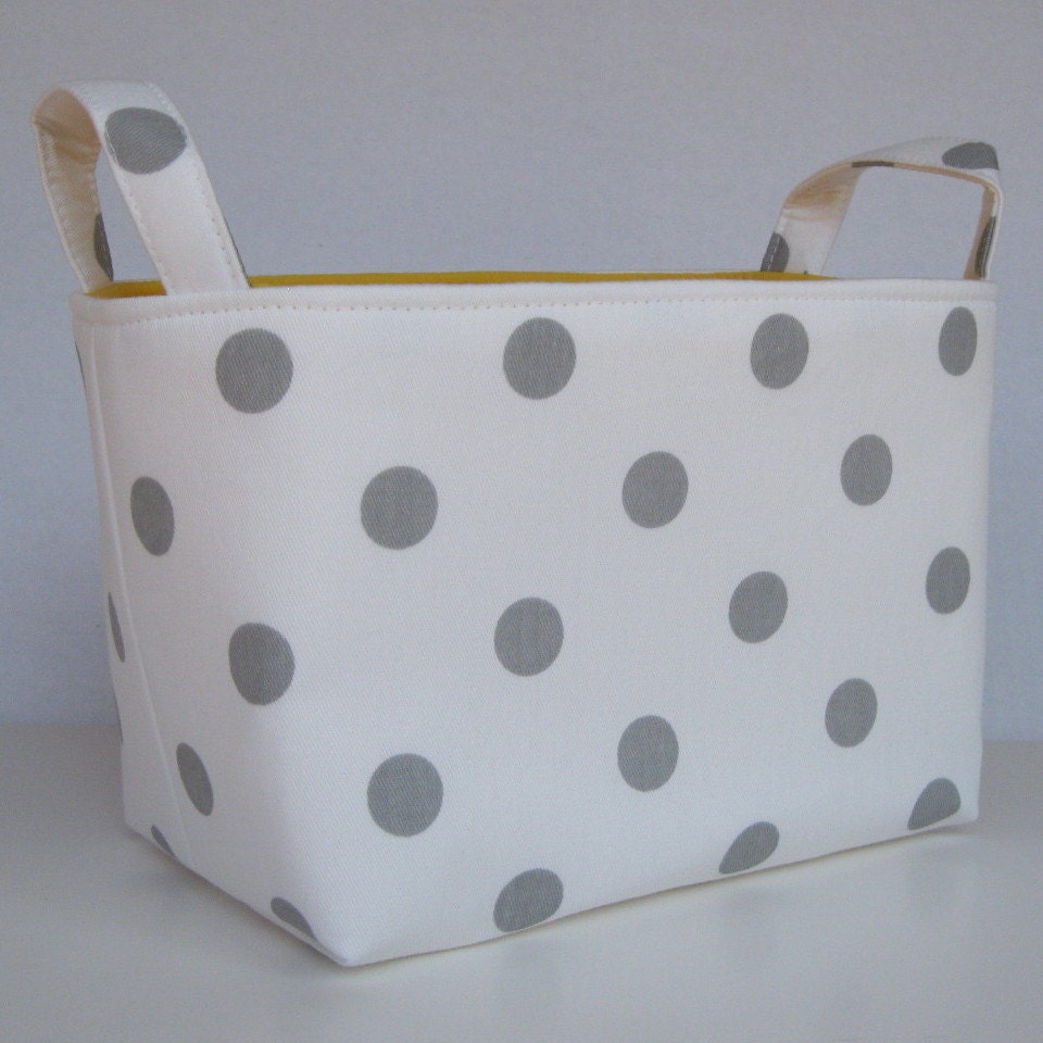 Storage and Organization - Fabric Basket Container Bin - White with Gray Polka Dots