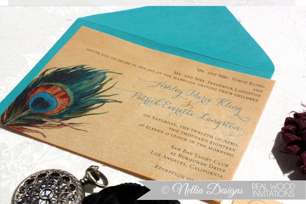Real Wood Peacock Feather Custom Wedding Invitations
