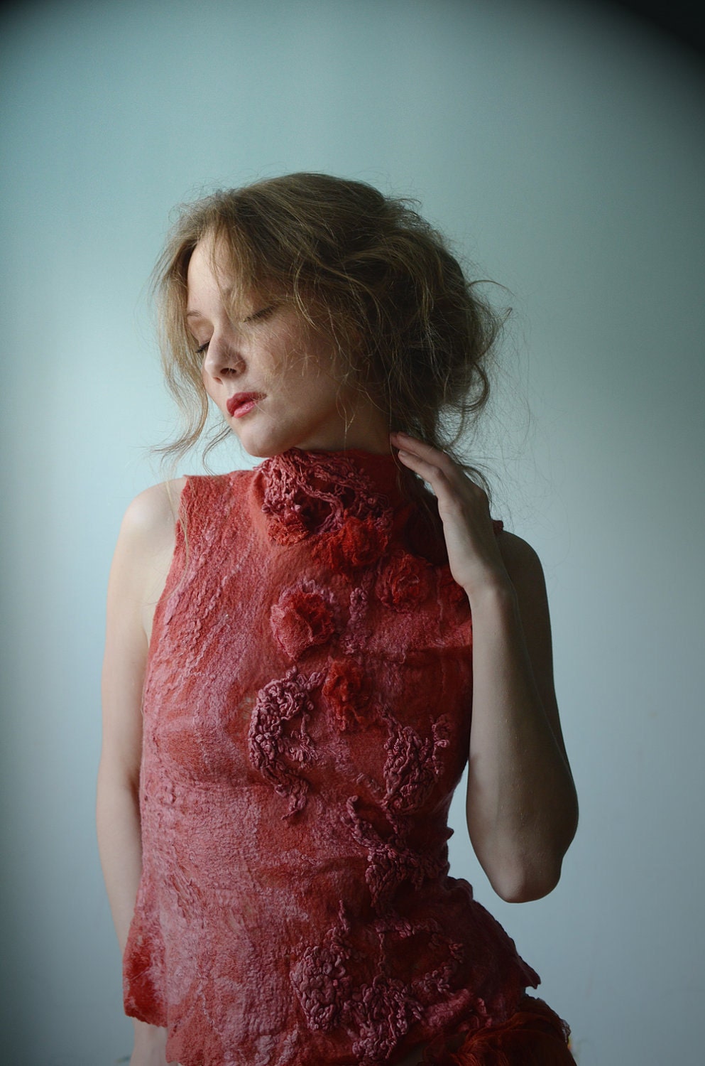 Eco fashion top  Nuno felted top in red from natural silk and wool dyed with plants OOAK