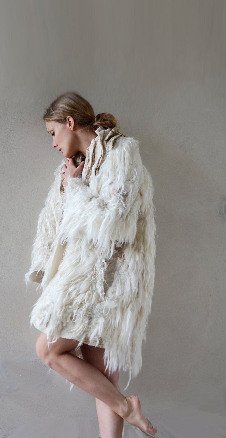 White and golden felt coat fur free kimono by vilte OOAK