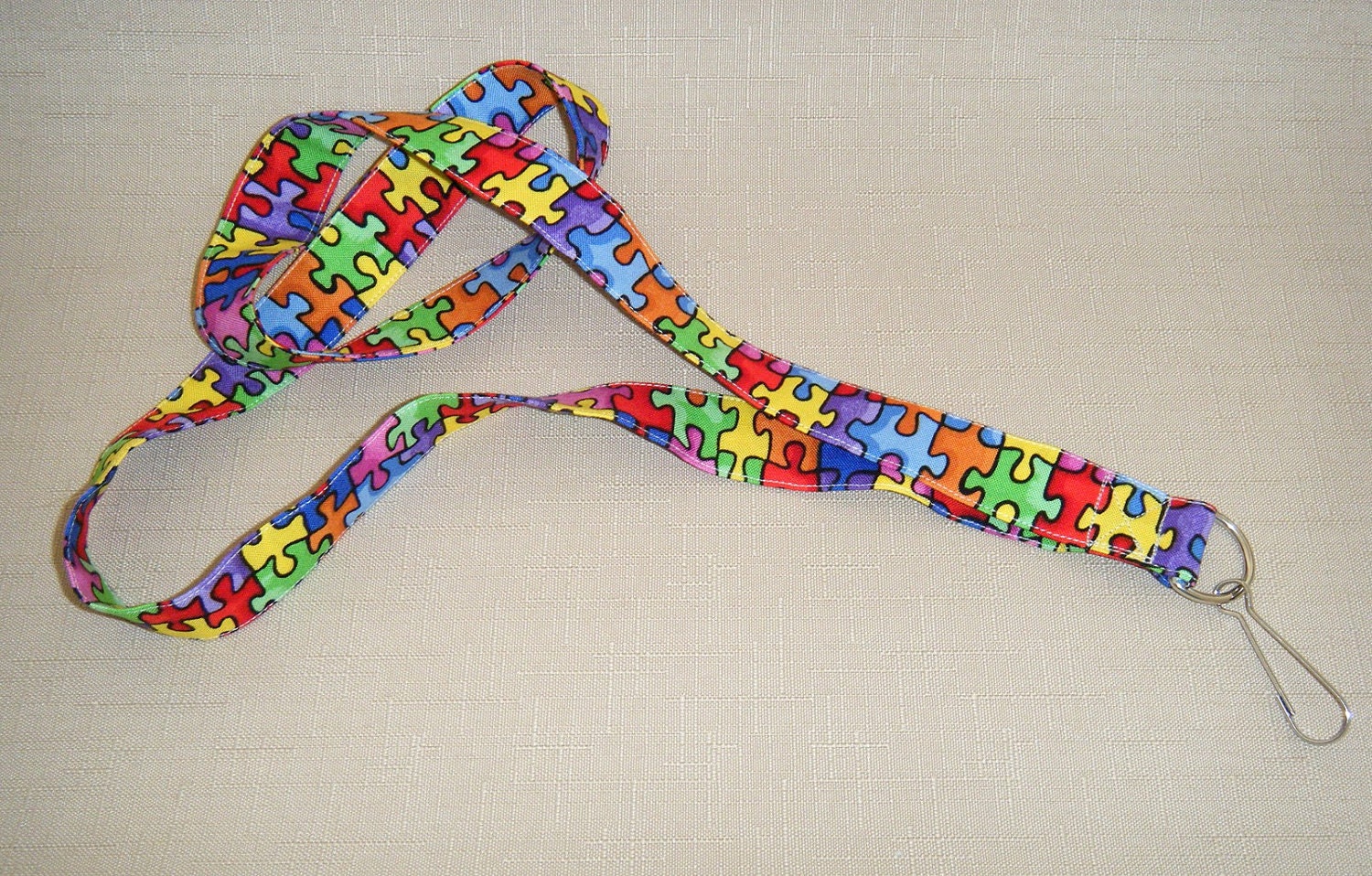 Colorful puzzle pieces - handmade fabric lanyard