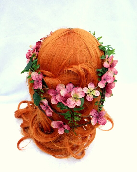Bridal Hair, Dark Pink Hydrangea Blossom and Fern Circlet, Fairy Floral Crown, Elfin Crown, Woven Vine Circlet, Woodland Flower Crown