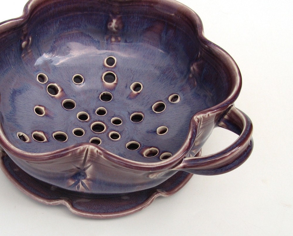 Large floral berry bowl strainer and saucer... in morning glory purple.