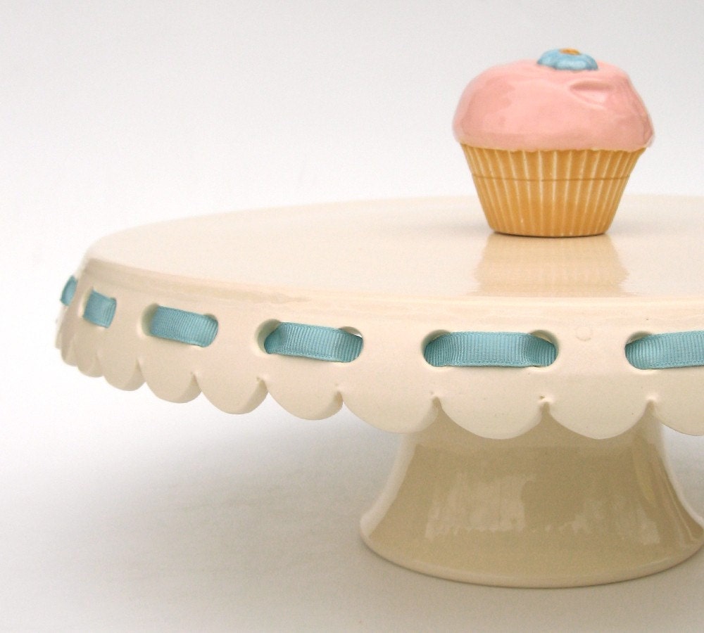 Large Cake Stand - 12 inch - Eyelet Ribbon in Vanilla Cream - MADE TO ORDER