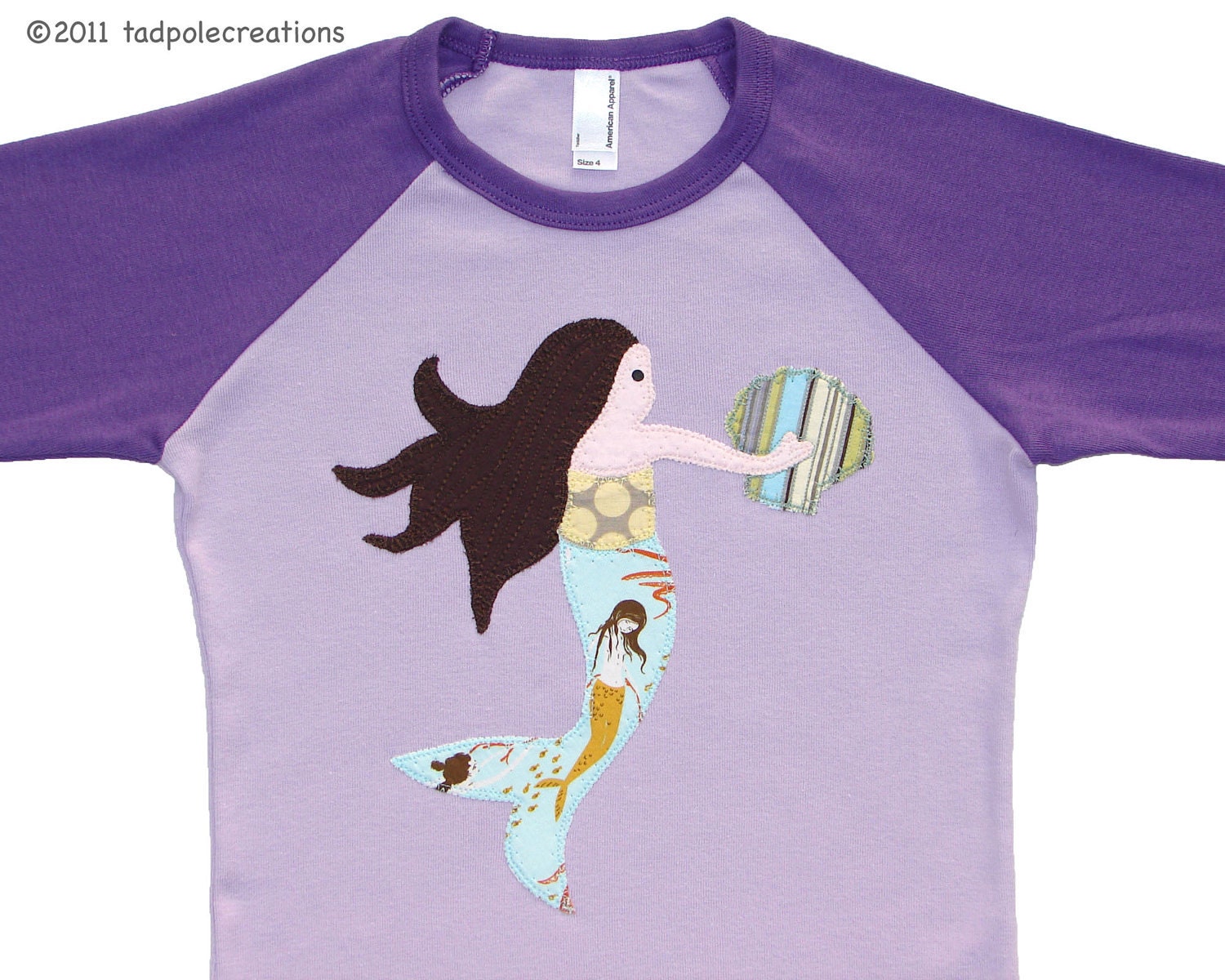Girls Mermaid Applique Shirt - 2 4 6 Years - Toddler to Youth - 3/4 Sleeve Purple Lavender  - LONG SLEEVE