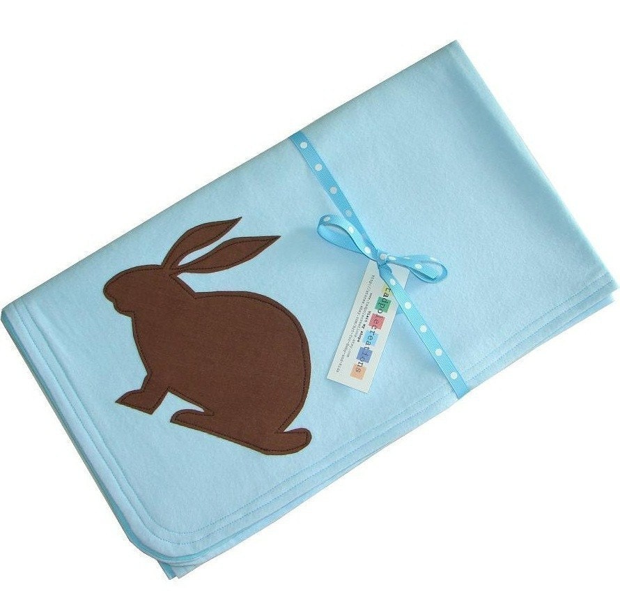 Modern Bunny Baby Boys 3 Piece Gift Set in Blue and Chocolate Brown - Blanket Bib Burp Cloth