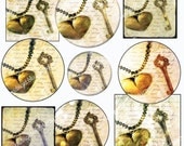 Vintage Heart Locket & Key - 1 Inch Circles and Squares - Digital Art Images Collage Sheet