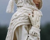 Hand Knit Hood Scarf From Cable pattern Merino Wool ready to ship