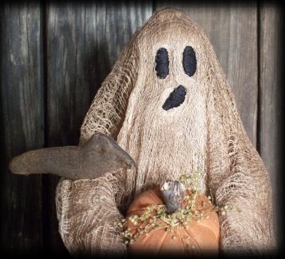 Primitive Halloween Ghost Make Do Doll with Crows, Pumpkins E-PATTERN