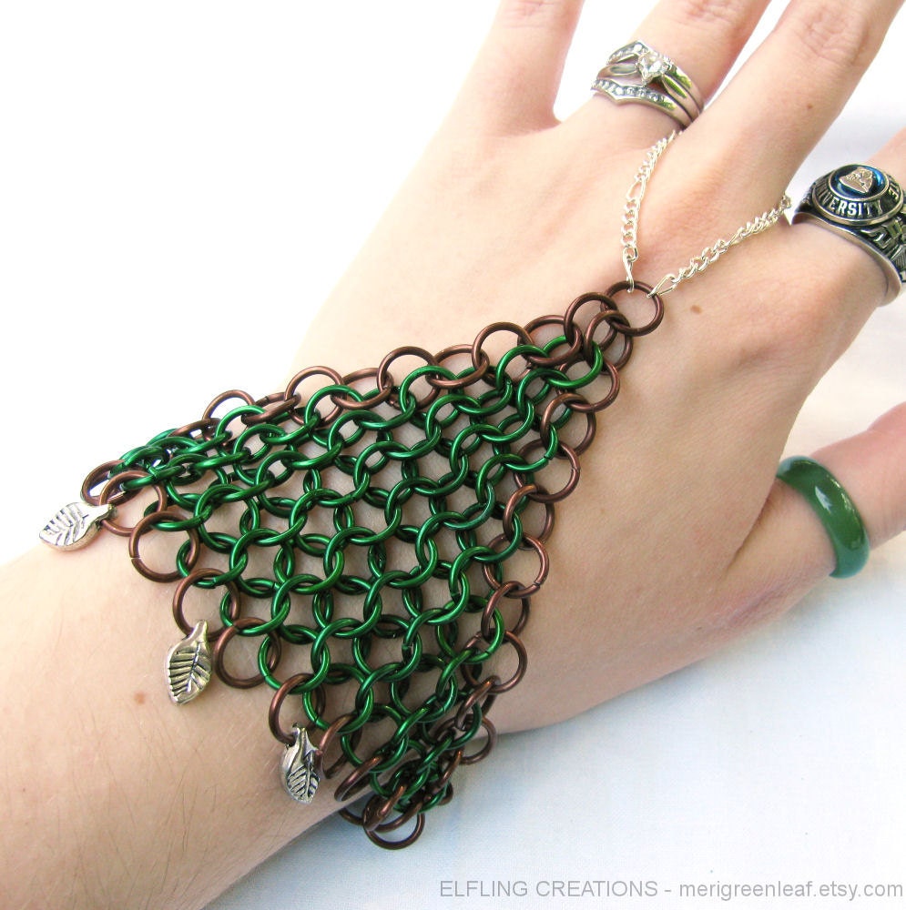 Green and Brown Leaf Chainmaille Handflower Slave Bracelet - Elven Armor
