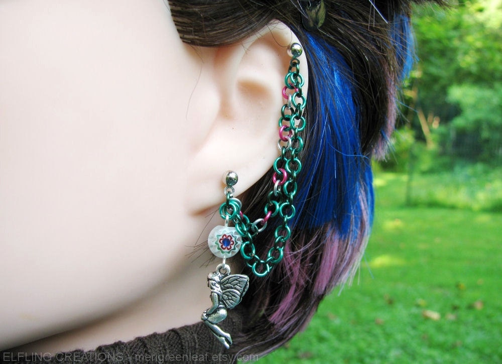 Green and Pink Double Cartilage Chain Earring - Flower Fairy