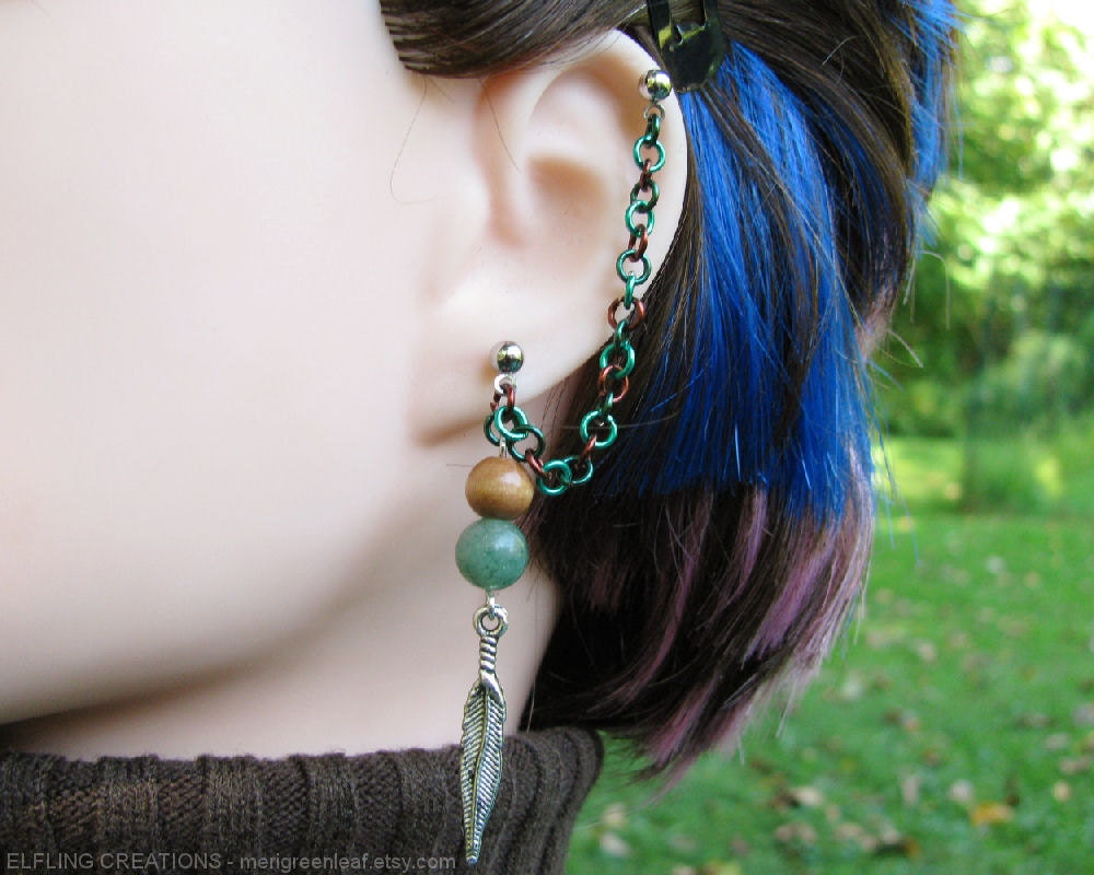 Brown and Green Feather Cartilage Chain Earring - Elven Ranger