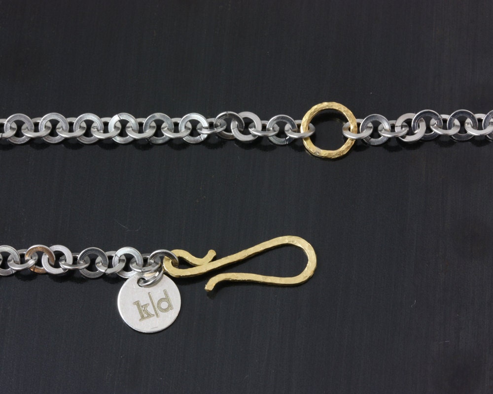 stainless steel chain and 22k hammered gold . bracelet