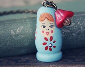 Blue & Red Wooden Nesting Doll Necklace