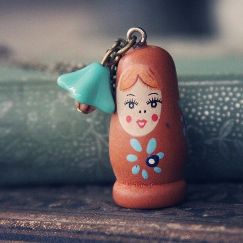 Brown & Blue Wooden Nesting Doll Necklace