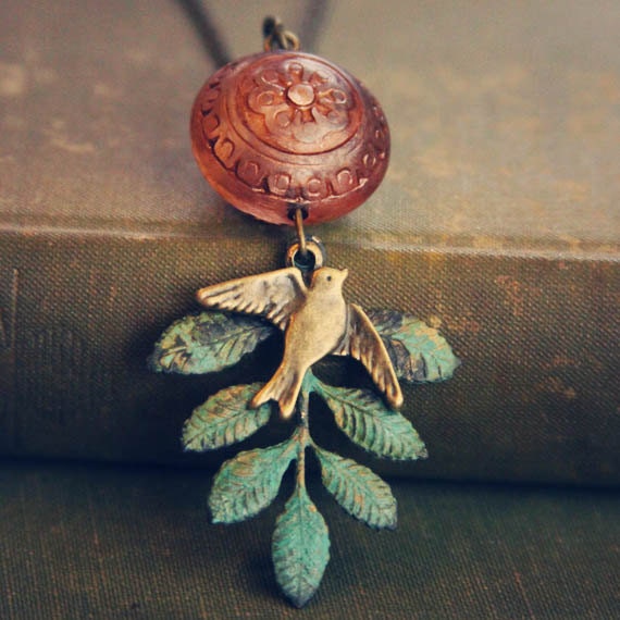 Peach and Patina Leaf Bird Necklace