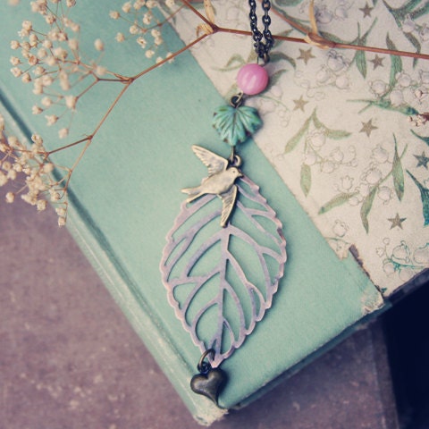 Whimsical Spring Birdie & Leaf Necklace