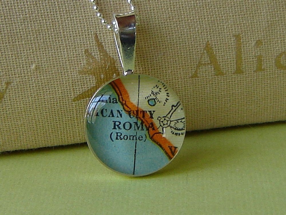 Map Necklace Rome Italy  Sterling Silver Vintage Atlas