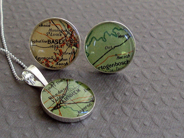 Heirloom Map Cufflinks and Necklace Set Solid Sterling Silver Cast One Piece Made to Order by sherry truitt for the Bride and Groom