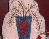 Primitive Needle Punch Pillow Snowman Bucket of Greenery Star Berries