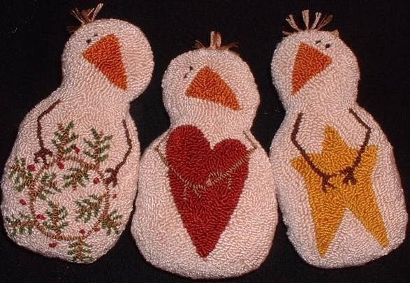 Primitive Needle Punch PATTERN 3 Snowmen Ornies Wreath Heart Star