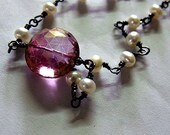 Pink Quartz Necklace -  Pearls, Pink Mystic Quartz Coin Pendant, Oxidized Sterling Silver, Carrie Necklace