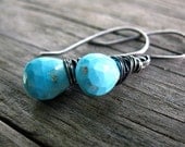 Turquoise Earrings - Blue Sleeping Beauty, Oxidized Sterling Silver Wire Wrapped