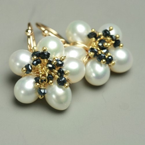 Pearl Earring Flower with Black Spinel Clusters Black and White Wire Wrapped