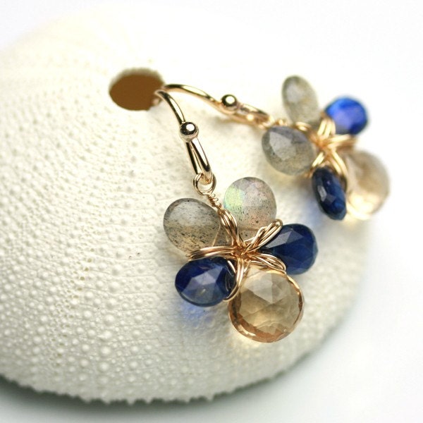 Royal Blue Kyanite, Champagne Citrine and Labradorite Flower Earrings