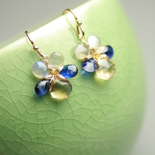 Royal Blue Kyanite, Champagne Citrine and Labradorite Flower Earrings