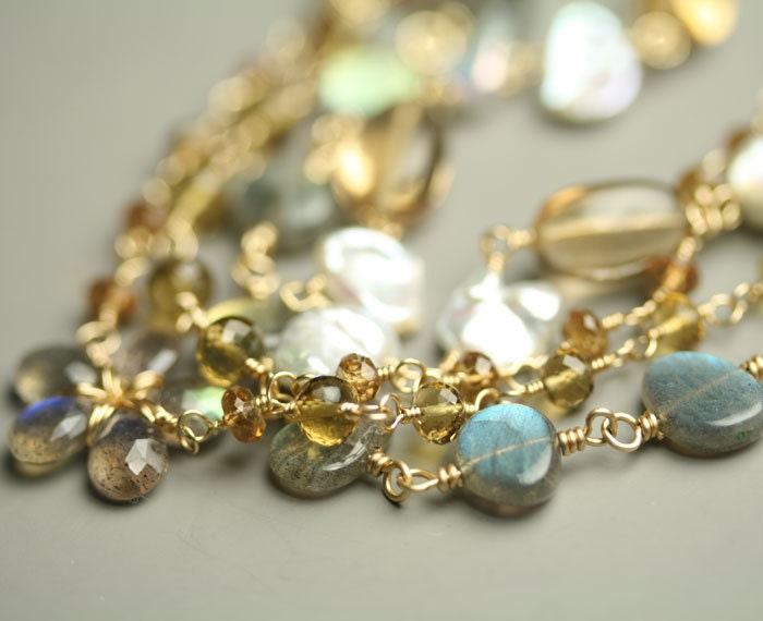 Multi Strand Bracelet Labradorite Quartz Keshi Pearl Gold Fill