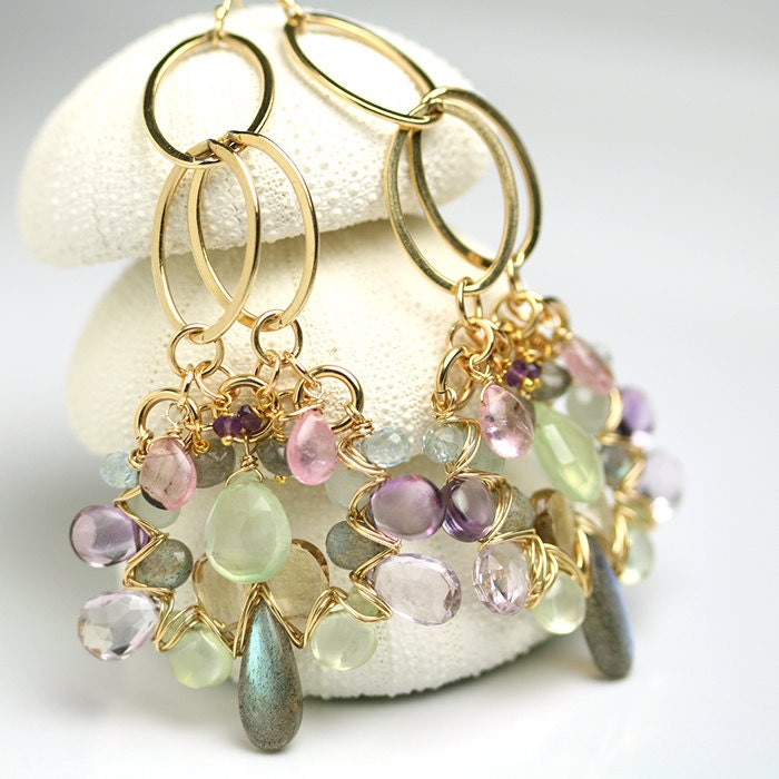 Long Glam Dangle Earrings Wire Wrapped Labradorite Pink Amethyst Champagne Citrine Prehnite