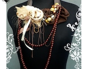 SALE 30% OFF - Gold and Amber Fall Roses fiber art necklace