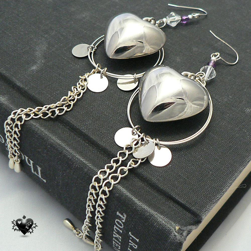 SALE 30% OFF - Dramatic Hearts Silver Long Earrings