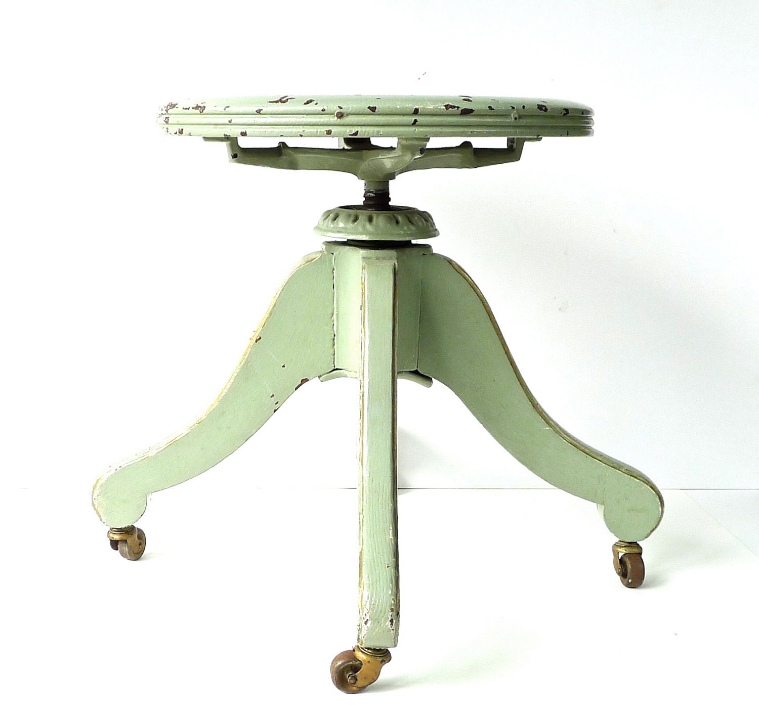 Antique Painted Mint Green Oak Piano Stool